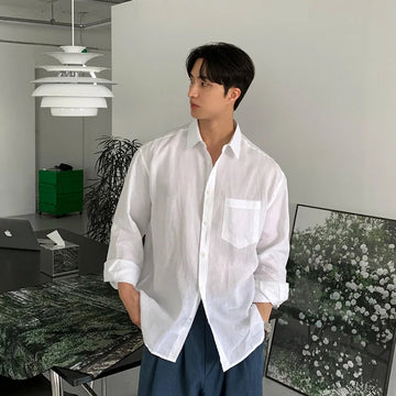 AIDASE  -  Men Spring And Autumn Korean style Vintage Cotton Linen Solid Color Long-sleeved Shirt Male Maillard Brown ins Shirt Cloth Top aidase-shop